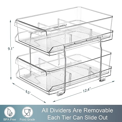 2 Set, 2 Tier Large (8.5" Wide) Clear Organizer with Dividers, MultiUse Slide-Out Storage Container - Kitchen, Pantry, Medicine Cabinet Storage Bins, Bathroom, Vanity Counter, Under Sink Organizing