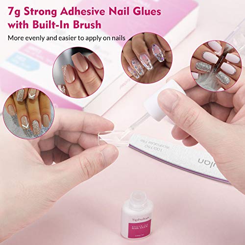 Tiphulan Clear Square Nail Tips - False Nails Tips and Glue with Gift Box of 10 Sizes, 500pcs Full Cover Acrylic Nail Tip, Squoval Shape Nail Tips, Fake Nails for Nail Art Salons and Home DIY