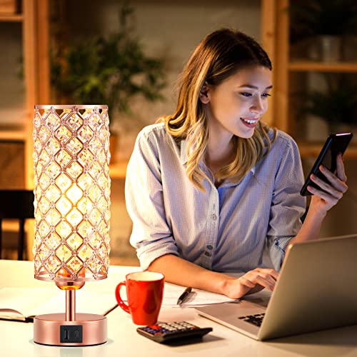 Hong-in Crystal Table Lamp, Rose Gold Lamp with USB C+A Ports, 3 Way Dimmable Light with Crystal Lampshade, Bedside Lamp Small Touch Light for Living Room Bedroom Home, Charge Phone (Bulb Included)