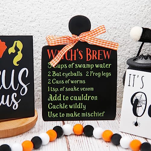 Halloween Decorations - Halloween Decor - Farmhouse Tiered Tray Decor Items - 3 Rustic Wooden Signs, Cute Witch Cauldron Gnomes Plush and Beads Garland for Fall Indoor Home Table Room Kitchen Office