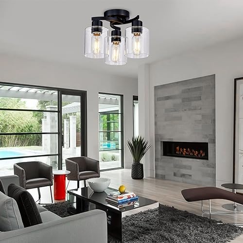 Flush Mount Ceiling Light, 3-Light Close to Ceiling Light Fixtures, Matte Black Bedroom Light Fixtures with Clear Glass Shades, Hallway Light Fixtures with E26 Socket for Kitchen Entryway Foyer