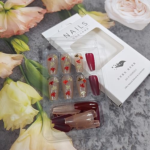 Fall Press on Nails Long Coffin Fake Nails -24Pcs Autumn Maple Leaves False Nails Thanksgiving Red Gold Maple Leaf Nail Glitter Flakes Design Nails with Glue Stick on Nails Decoration for Women Girls