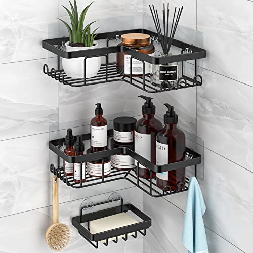 YASONIC Corner Adhesive Shower Caddy, with Soap Holder and 12 Hooks, Rustproof Stainless Steel Bathroom Organizer, No Drilling Wall Mounted Rack, Black, 3-Pack