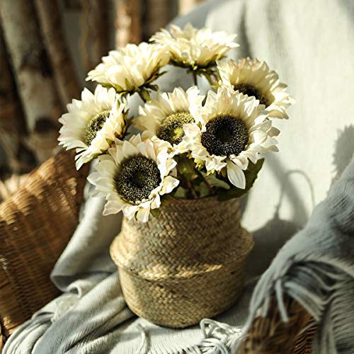 Hawesome White Sunflowers Artificial Flowers 7 Pcs Faux Silk Sunflowers Bouquet Fake Real Touch Long Stems Floral for Wedding Party Centerpieces Home Decoration(Autumn White)