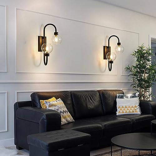 Bathroom Light Fixtures, Wall Sconces Lighting 2 Light Matte Black Finish Vanity Light Modern Wall Lighting Fixture with Clear Glass Shades Bath Wall Lamps for Mirror Bedroom Hallway Living Room