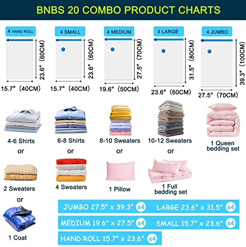 BNBS 20 Pack Vacuum storage bags,Space Saver for Travel, Jumbo Space Bags for Comforters and Blankets,for Beding,Cothes vacuum Sealer Bags