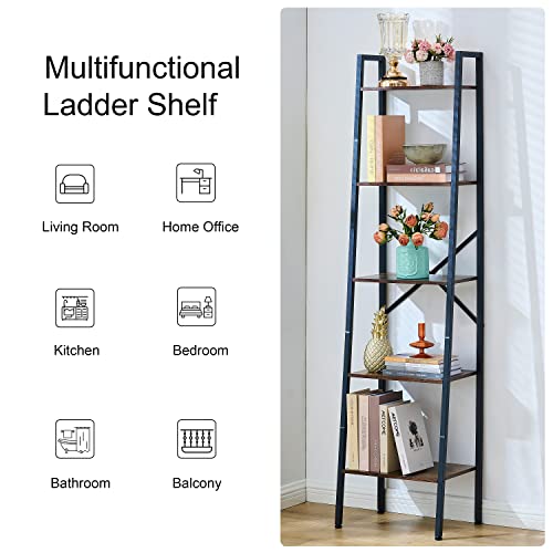 Hoctieon Industrial Ladder Bookshelf, Multifunctional Ladder Shelf, 5-Tier Tall Bookshelf, Open Ladder Shelf Bookcase, for Living Room, Home Office, Kitchen, Bedroom, Metal Frame, Rustic Brown