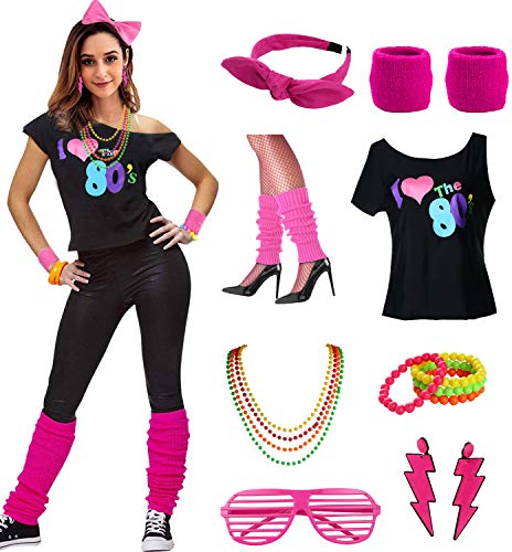 ESRTYERYH WOMEN COSTUME Womens I Love The 80's Disco 80s Costume Outfit Accessories, Hot Pink, L/XL