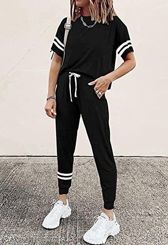 PRETTYGARDEN Women’s Summer Two Piece Outfits Striped Short Sleeve Pullover and Long Pants Tracksuit Pajama Lounge Jogging Set With Pockets (Black, Large)