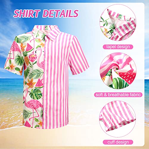 4Pcs Men's Hawaiian Shirt and Short Set Casual Button Down Summer Beach Flower Outfits with Bucket Hats and Sunglasses (Flamingo, M Size)