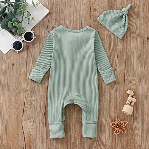 Infant Boys Girls Clothes Set Newborn Baby Romper Hat Ribbed Knit Long Sleeve Button Solid Bodysuit Jumpsuit (Blue, 0-3 Months)