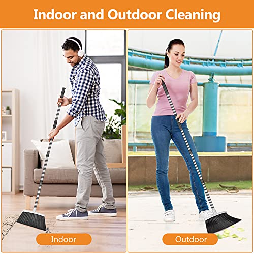 Dust Pan and Broom with Long Handle, Heavy Duty for Home Kitchen Office Indoor Outdoor Sweeping 55 Inch Broom for Floor Cleaning Standing Dustpan with Teeth