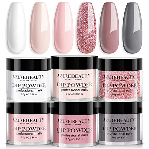 AZUREBEAUTY Dip Powder Nail Set, 6 Colors Classic Nude Collection Skin Tone Glitter Pastel Dipping Powder Starter Kit French Nail Art Manicure DIY Salon Home Gifts for Women, No Need Nail Lamp Cured