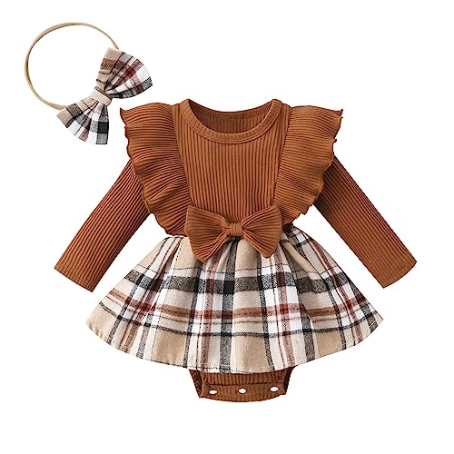 Toddler Baby Girl Fall Winter Outfit Set Plaid Romper Dress Ruffles Long Sleeve Clothes Jumpsuit with Bow Headband (Brown, 6-9 Months)