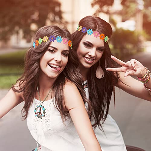 4 Pcs Hippie Costume Accessories Set 70s Peace Sign 60s Outfits for Women Necklace Daisy Earrings Flower Headband Sunglasses (Rainbow Style)