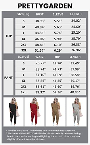 PRETTYGARDEN Women's Two Piece Outfit Short Sleeve Pullover with Drawstring Long Pants Tracksuit Jogger Set (A-black,Large)