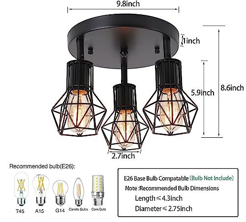 BANGANMA 3-Light Flush Mount Ceiling Light Fixture, Industrial Kitchen Light Fixtures Ceiling, E26 Black Farmhouse Ceiling Light Fixture Black for Dining Room Hallway Entryway