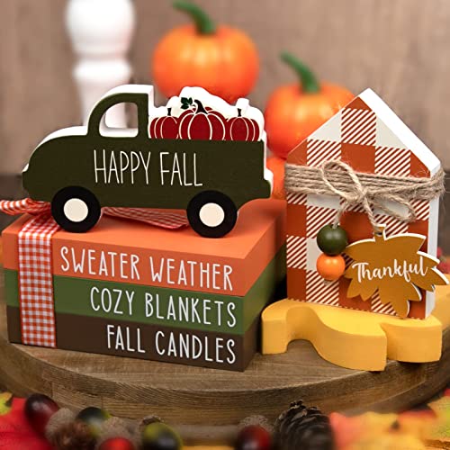 DAZONGE Fall Decor - Fall Tiered Tray Decor - Double Sided Fall Book Stack, Pumpkin Truck, MIni Wood House with Thankful Tag - Fall Decorations for Home