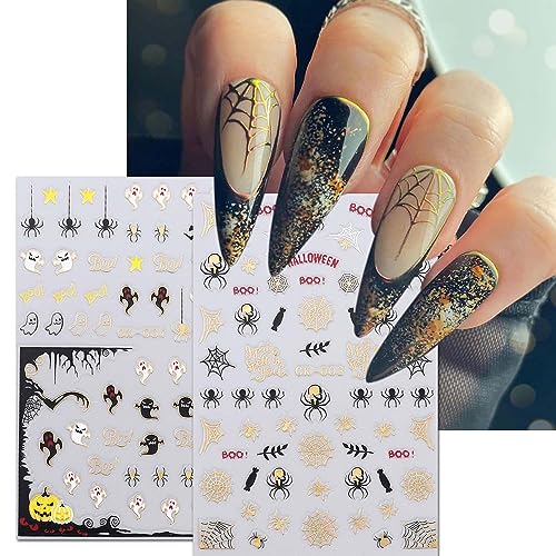 ANDGING Halloween Nail Stickers for Nail Art with 3D Gold Ghost Spider Web Bat Skull Pumpkin Design 7 Sheets Halloween Nail Decals Black Horror Self Adhesive Nail Sticker for Nail Art Decoration