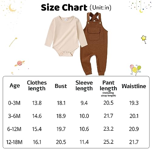 CARETOO Newborn Baby Boy Clothes,Infant Boy Romper Fall Winter Outfits Bodysuit 2Pcs Striped Long Sleeve Top Overalls 0-18M(Brown 6-12M)