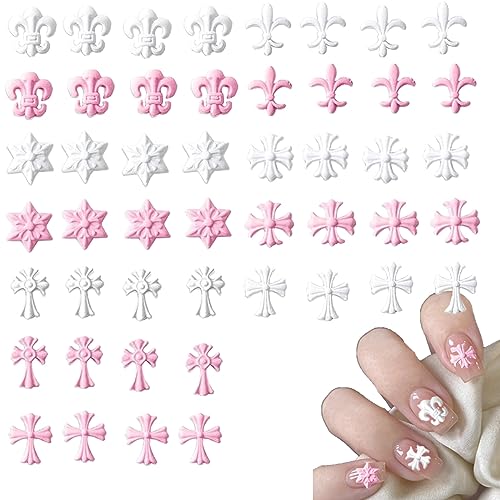 48 Pcs 3D Cross Nail Charms, Pink and White Chrome Nail Charms, Colored Cross Nail Charm, 3D Nail Charms Vintage Pink White Punk Chrome Heart Nail Charms, DIY Nail Art Decoration Accessories