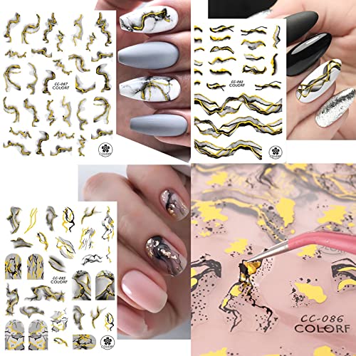 12 Sheets Nail Art Stickers Decals White Black Gold Stripe Line Nail Decals Self-Adhesive Marble Wave Nail Art Supplies for Nail DIY Decoration 3D Nail Accessories for Women French Nail Design