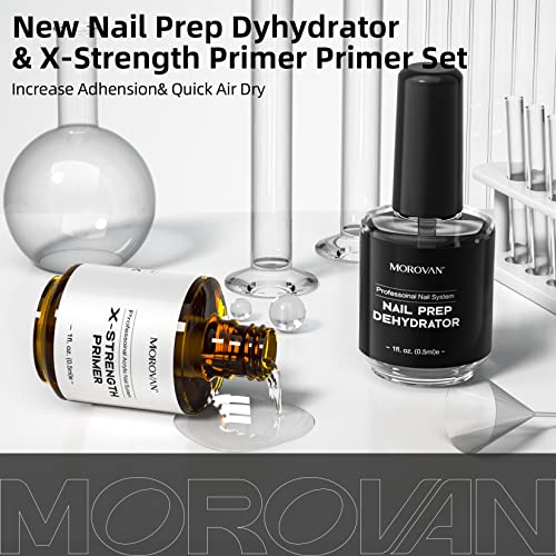 Morovan Nail Primer and Dehydrator for Acrylic Nails, Professional No Burn Fast Air Dry Nail Prep Dehydrator and X-Strength Primer Superior Natural, Acrylic Powder Application (0.5Fl oz)