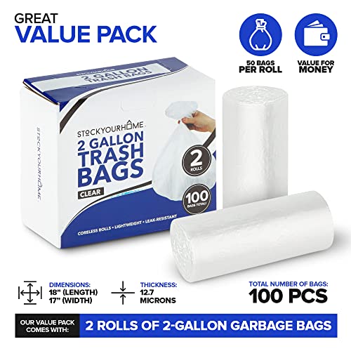 Stock Your Home Clear 2 Gallon Trash Bag (100 Pack) Un-Scented Small Garbage Bags for Bathroom Can, Mini Waste Basket Liner, Plastic Liners for Office Trashcan and Dog Poop, Bulk Household Supplies