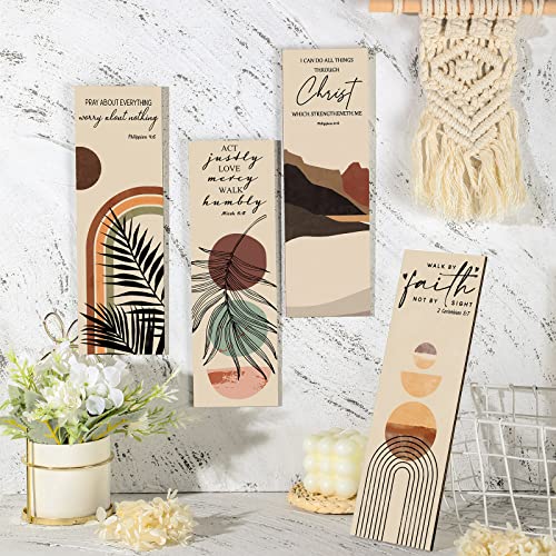4 Pieces Bible Verses Wall Art Christian Boho Wall Decor Wooden Hanging Sign Inspirational Prayer Plaque Religious Wall Painting Motivational Sign for Bathroom Home Farmhouse (15.7 x 5.1 Inch)