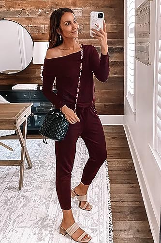 PRETTYGARDEN Women's Casual Long Sleeve Jumpsuit Crewneck Off Shoulder Elastic Waist Stretchy Romper (Wine Red,Medium)