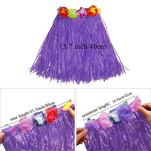 Girl's Elastic Hawaiian Hula Dancer Grass Skirt with Flower Costume Set -Purple Birthday Tropical Party Decorations 40cm