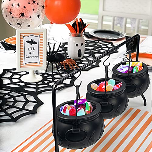 Halloween Decor - Halloween Party Decorations - Set of 3 Witches Cauldron Serving Bowls on Rack - Black Plastic Hocus Pocus Candy Bucket Cauldron for Indoor Outdoor Home Kitchen Decoration