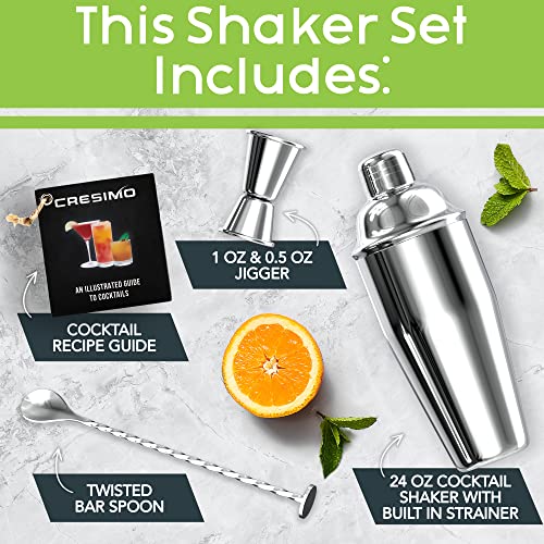 24oz Cocktail Shaker Set Bartender Kit w/Bar Accessories for The Home Bar Set- Martini Shaker, Jigger Drink Mixer Spoon -Alcohol Shaker Bartender Gift Idea- Bartending Kit Essential for Home- Cresimo