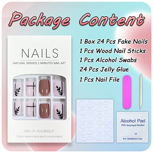 Fall Square Press on Nails Short French Fake Nails Leaf and Line Designs Acrylic Nails Full Cover Glue on Nails Brown Pink False Nails with Designs Glossy Acrylic Nails for Women