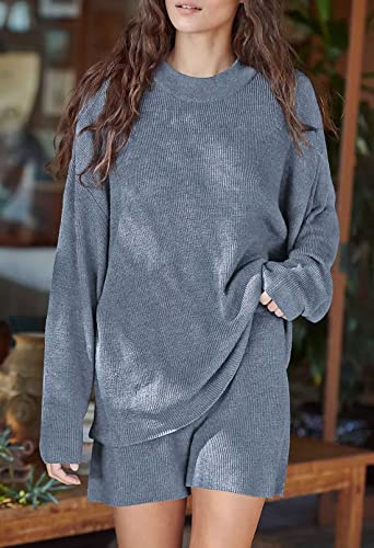 Viottiset Women's 2 Piece Outfits Lounge Shorts Set Oversized Sweater Top Loungewear Sweatsuit Haze Blue M