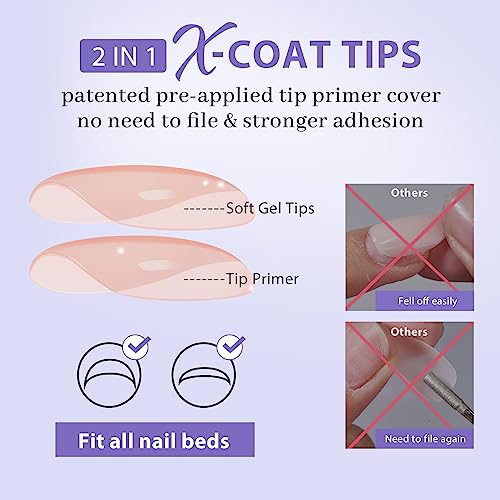 Long Square Gel Nail Tips - BTArtboxnails Nude Peach Soft Gel Nail Tips, 2 in 1 Neutral X-coat Tips Pre-applied Tip Primer, Stronger Adhesion Press On Fake Nails for Nail Extension