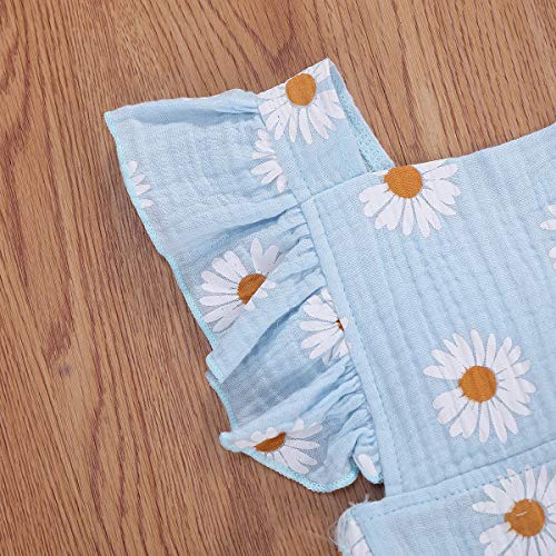 Baby Girls Daisy Playsuits Ruffled Bodysuit+Headband Print Fly Sleeve Romper Floral Jumpsuit Infant Summer Clothes (Blue,6-12 Months)