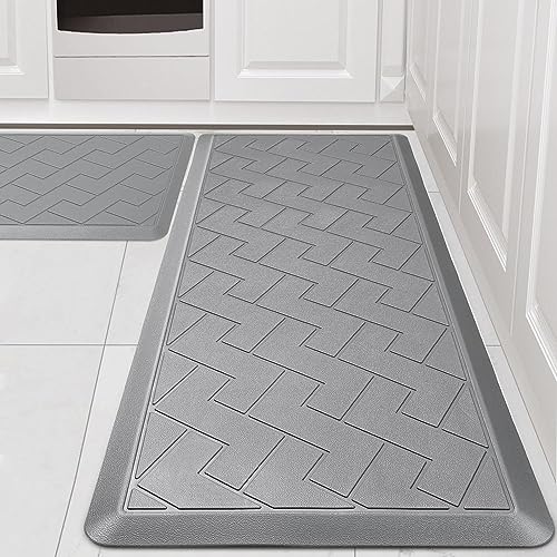 WEZVIX Non-Skid Kitchen Rugs and Mats Waterproof, Anti Fatigue Kitchen Mat 2 PCS, 1/2 Inch Thick Kitchen Floor Mat, Ergonomic Comfort Foam Standing Mat for Floor, Office, Sink, Laundry - Grey