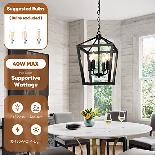 BrightHome Farmhouse Chandelier 4-Light, Black Pendant Light Fixture Ceiling Hanging for Kitchen Island Dining Room, Lantern Industrial Lighting with Metal Cage Adjustable Height for Entryway Foyer