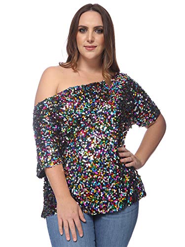 Anna-Kaci Women's Plus Size Sequin Sexy One Shoulder Short Sleeve Party Club Top, Multicolored, XX-Large