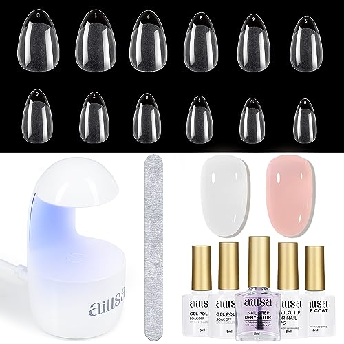 AILLSA Gel Nail Kit Short Almond Nail Tips 240pcs with 2 In 1 Nail Glue Base Coat and Nail Dehyrator, Soft Gel Full Nail Kit with Nail Lamp Top Coat for Starters Home Salon