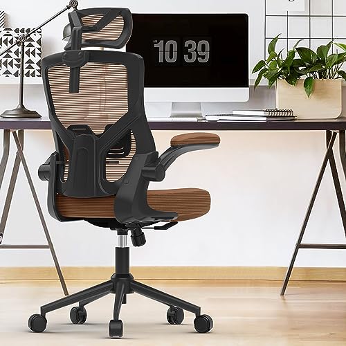 𝑯𝑶𝑴𝑬 𝑶𝑭𝑭𝑰𝑪𝑬 𝑪𝑯𝑨𝑰𝑹, Ergonomic Mesh Desk Chair, High Back Computer Chair- Adjustable Headrest with Flip-Up Arms, Lumbar Support, Swivel Executive Task Chair (Mummy Brown, Modern)