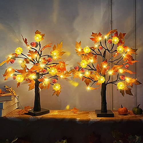 TURNMEON 2 Pack 18 Inch Prelit Fall Maple Tree with 48 LEDs Timer Battery Operated Lighted Pumpkins 6 Acorns Tabletop Artificial Autumn Fall Tree for Thanksgiving Fall Harvest Home Indoor