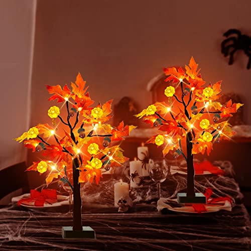 TURNMEON [ 2 Pack & Timer 24 Inch Lighted Maple Tree Fall Decor, Total 48 LED Battery Operated Tabletop Artificial Tree Design Patent Pumpkin & Acorn Thanksgiving Halloween Decoration Home Indoor