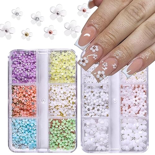 Baoximong 2 Boxes 3D Flower Nail Art Charms Colorful Nail Charms for Acrylic Nails Gold Silver Pearls Nail Art Supplies Rhinestones Spring Cherry Blossom Gems Design Nail Accessories Decorations