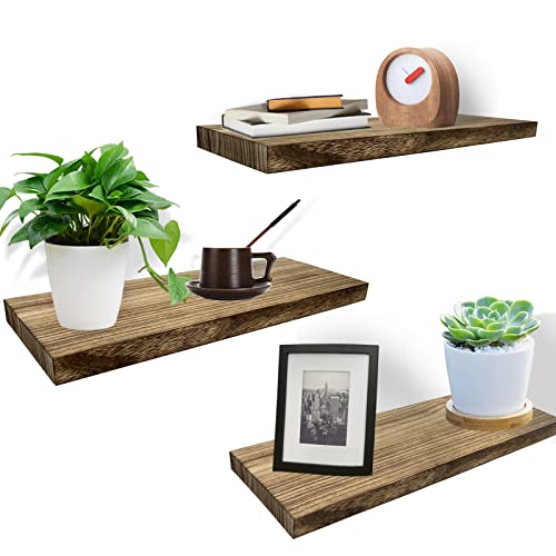 Floating Shelves,Solid Wood Shelf Set of 3, Floating Shelves for wall Solid Wood Durable Natural Floating Shelves Bracket Wall Shelves Decoration for Kitchen Bedroom Bathroom Study room (Light Brown)