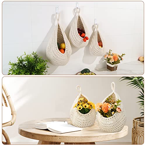 Hanging Fruit Baskets for Kitchen - 3 Pack Boho Wall Hanging Basket with 6 Pcs Strong Hooks, Handwoven Hanging Holder Teardrop Home Produce Basket for Fruits Vegetable Potato Onion Storage (White)