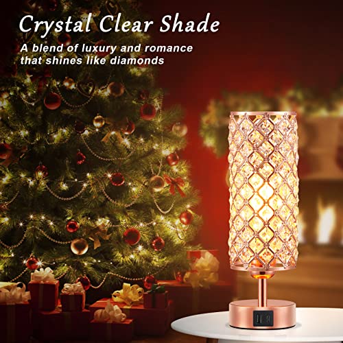 Hong-in Crystal Table Lamp, Rose Gold Lamp with USB C+A Ports, 3 Way Dimmable Light with Crystal Lampshade, Bedside Lamp Small Touch Light for Living Room Bedroom Home, Charge Phone (Bulb Included)