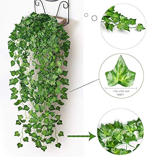 12 Pack Fake Vines for Room Decor Artificial Ivy Garland with Clip Green Flowers Hanging Plants Faux Greenery Leaves Bedroom Aesthetic Decor for Home Garden Wall Wedding