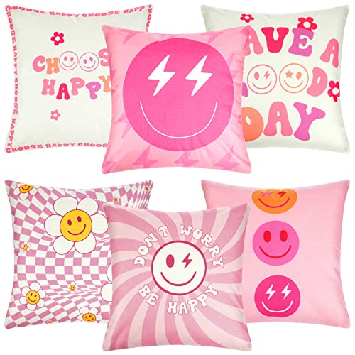 6 Pcs Decorative Preppy Throw Pillows Cushion Covers Cute Aesthetic Covers Smile Face Room Decor Stuff Pillow Case for Teen Girls Bedroom Home, 18 x 18 Inch